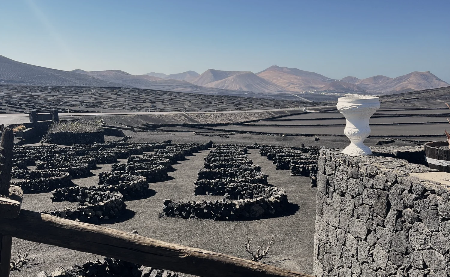 The pits of La Geria with the volcanoes behind