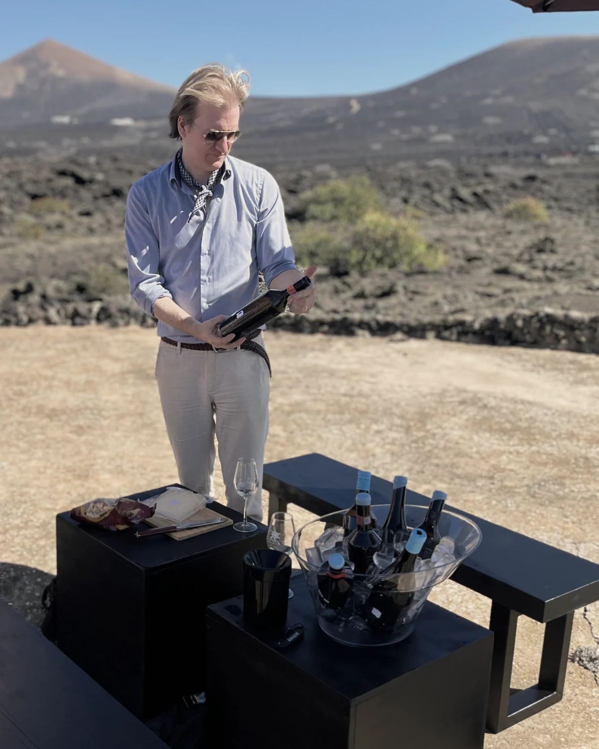 Bottles set out on the lava