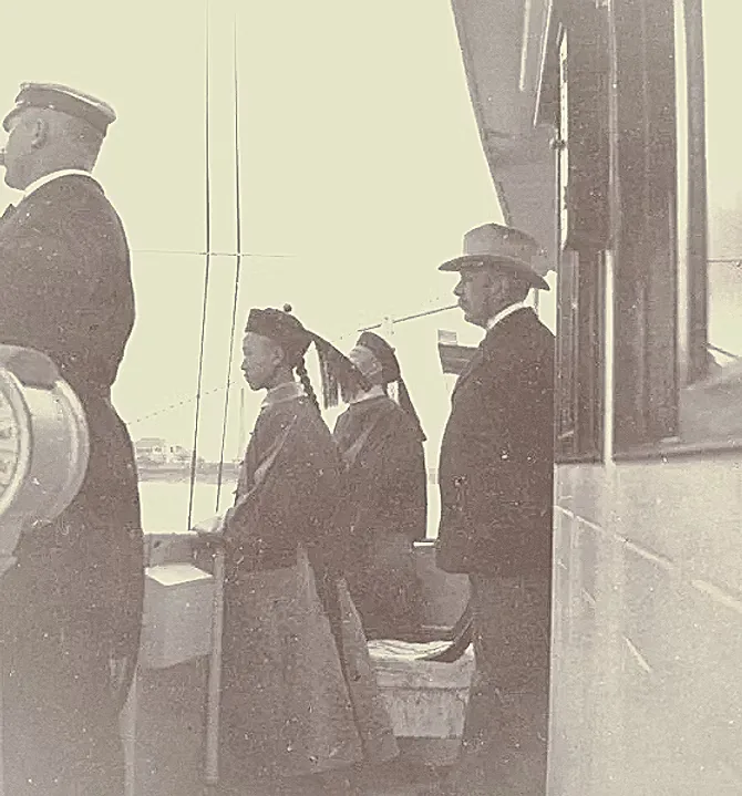 Uniformed men on deck in Shanghai harbour